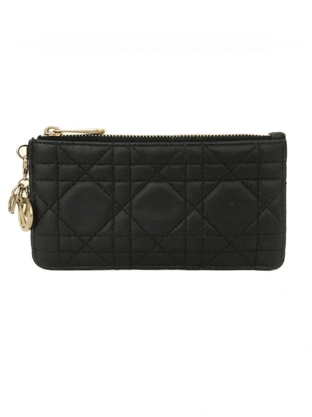 Dior Black Cannage Zip Pouch Card Wallet with Gold Hardware